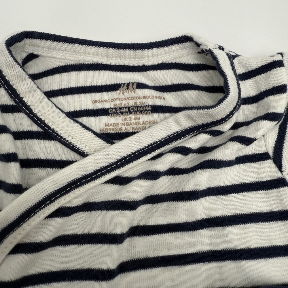 H&M 3 pack Wrapover Organic Bodysuits Baby White Dark Blue Stripes - Picture 10 of 12